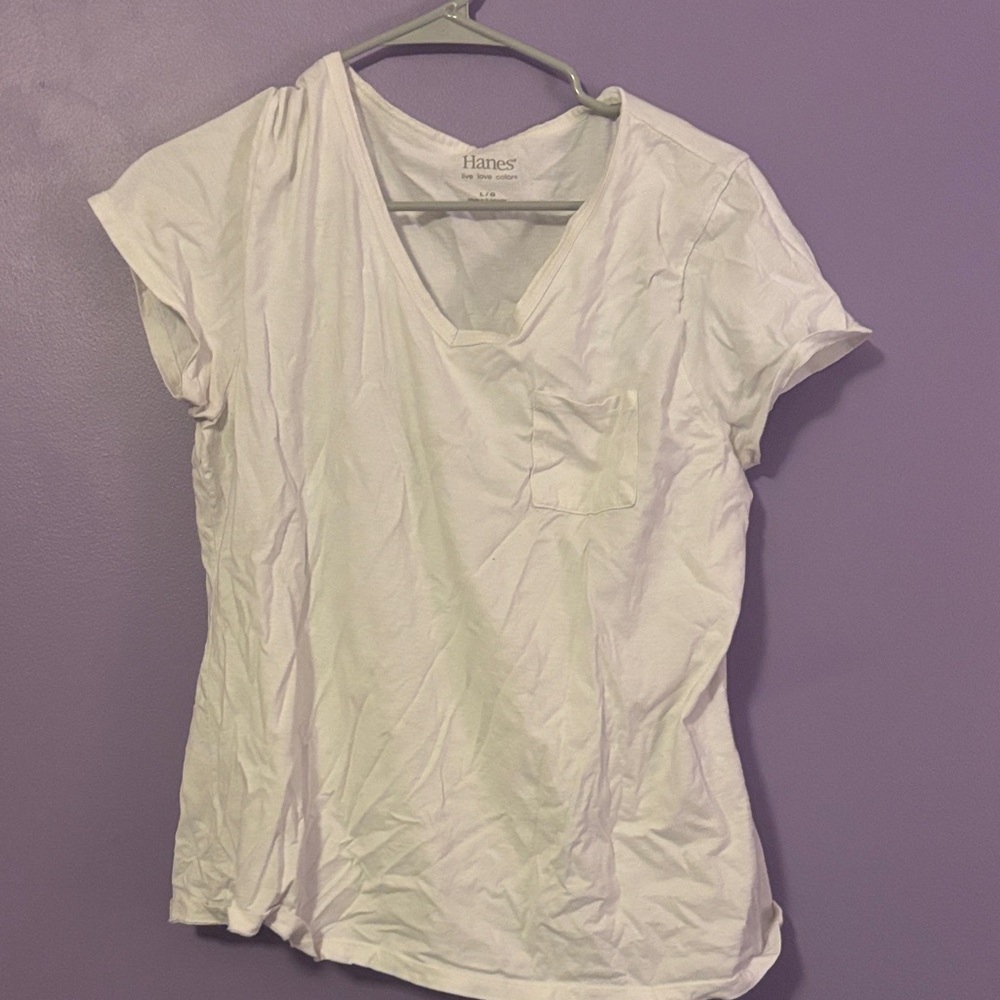 Hanes Women's White V-Neck Tee with Pocket